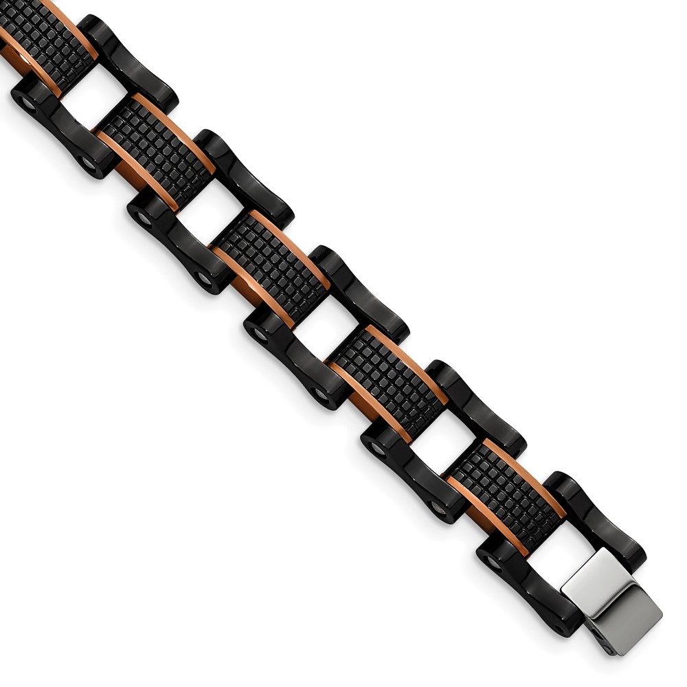 Stainless Steel Polished & Textured Black & Brown IP 8.25in Bracelet