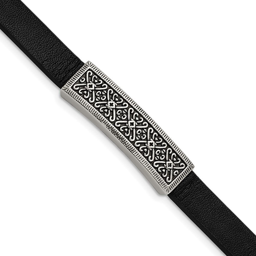 Stainless Steel Antiqued & Polished Black Leather w/.5in ext 8in Bracelet