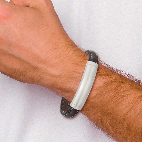 Chisel Stainless Steel Brushed Dark Brown Leather 8 inch ID Bracelet with .5 inch Extension