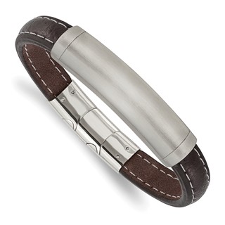 Chisel Stainless Steel Brushed Dark Brown Leather 8 inch ID Bracelet with .5 inch Extension