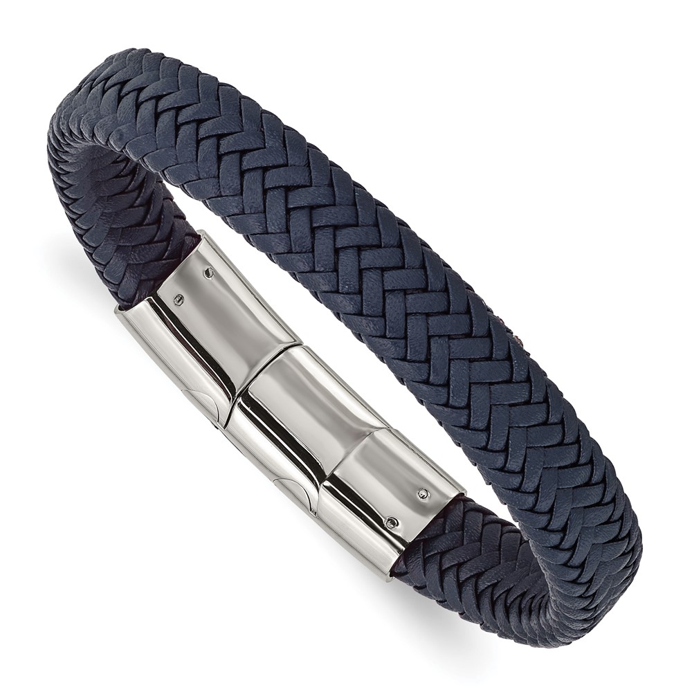 Stainless Steel Polished Navy Blue Leather 7.75in w/.5in ext Bracelet