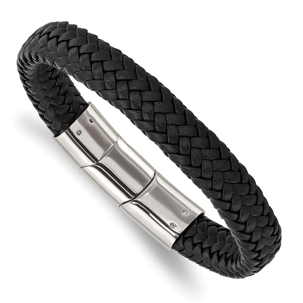 Stainless Steel Polished Black Woven Leather 8in w/.5in ext Bracelet