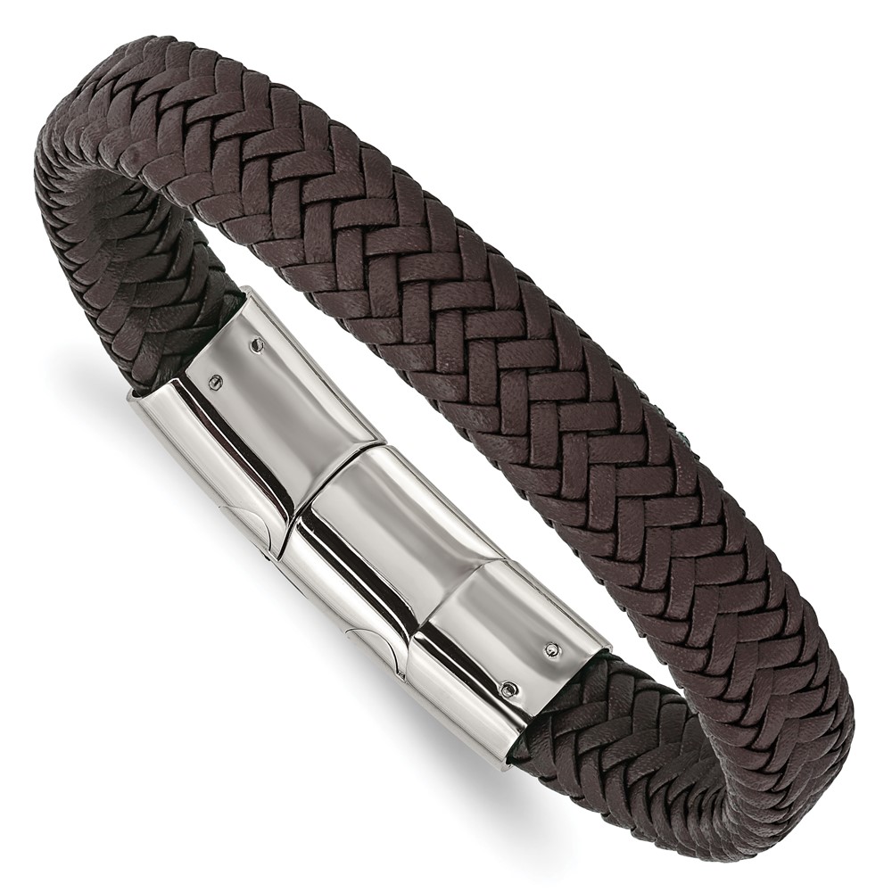 Stainless Steel Polished Woven D.Brown Leather 8in w/.5in ext Bracelet