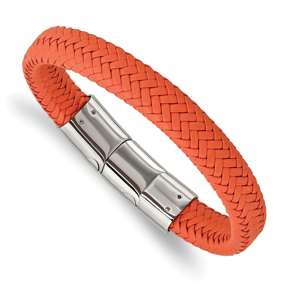 Stainless Steel Polished Orange Woven Leather 8in w/.5in ext Bracelet