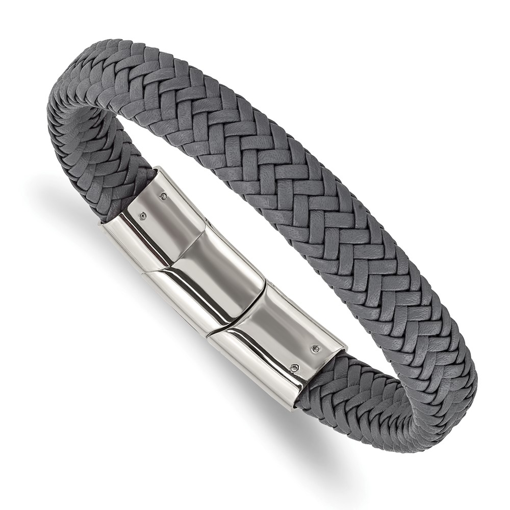 Stainless Steel Polished Grey Woven Leather 8in w/.5in ext Bracelet