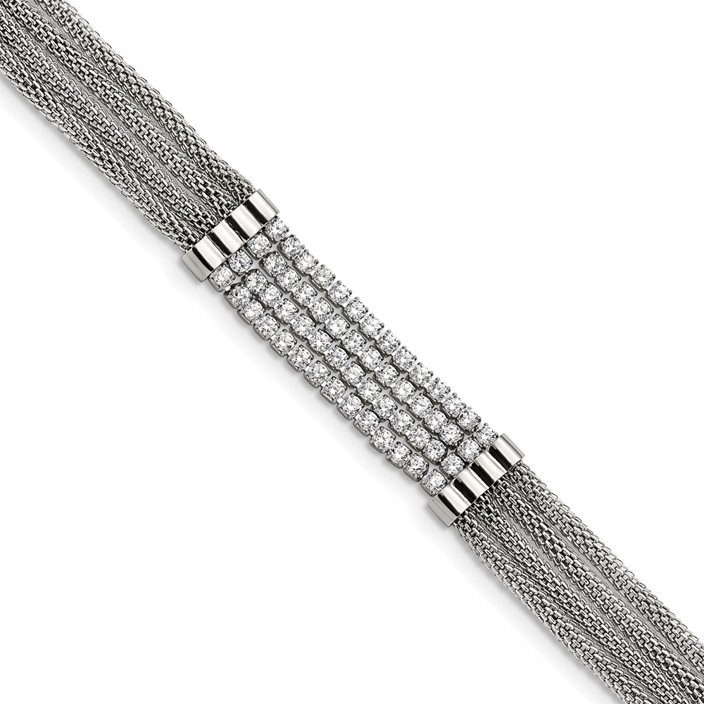 Stainless Steel Polished w/CZ Multi Strand 6.5in w/1.5in ext. Bracelet