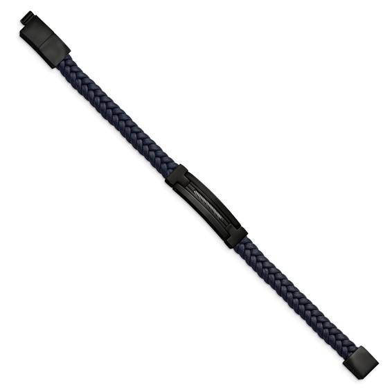 Chisel Stainless Steel Polished Black IP-plated Navy Blue Braided Leather 8 inch Bracelet with .5 inch Extension