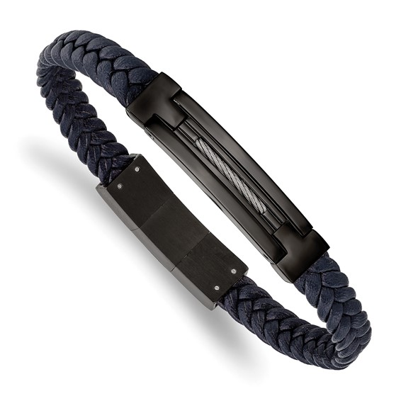 Chisel Stainless Steel Polished Black IP-plated Navy Blue Braided Leather 8 inch Bracelet with .5 inch Extension