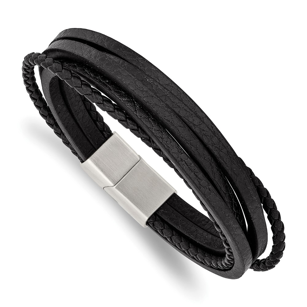 Stainless Steel Brushed Black Leather Multi Strand 8in Bracelet