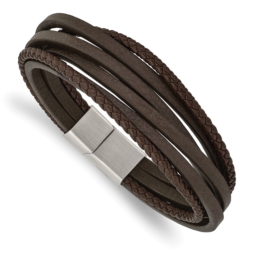 Stainless Steel Brushed Brown Leather Multi Strand 8in Bracelet