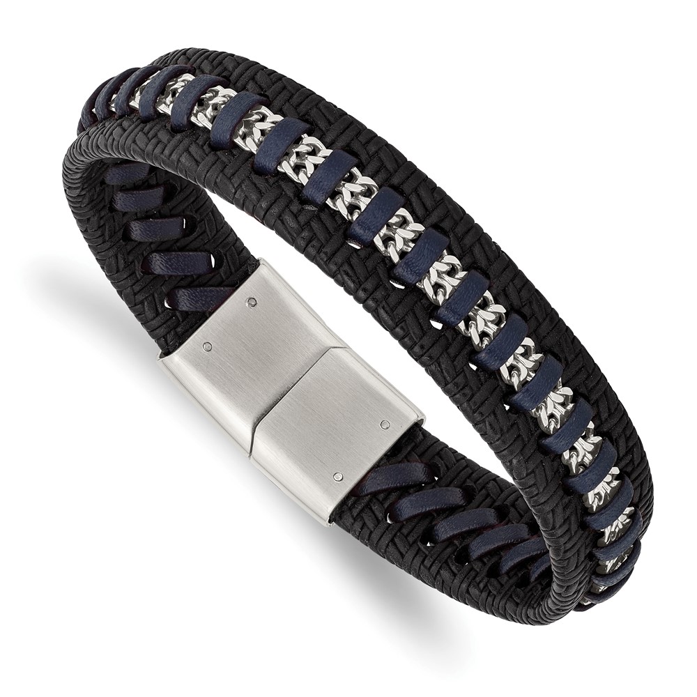 Stainless Steel Polished Black and Blue Leather 8.5in Bracelet