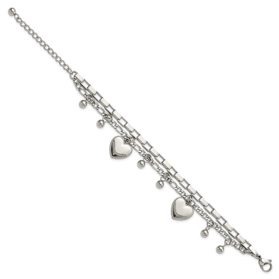 Chisel Stainless Steel Polished Hearts and Beads 7 inch Multi Chain Bracelet with 2 inch Extension