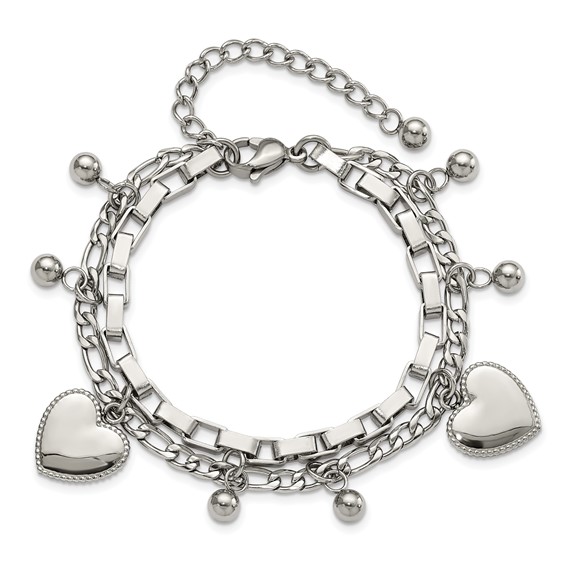 Chisel Stainless Steel Polished Hearts and Beads 7 inch Multi Chain Bracelet with 2 inch Extension
