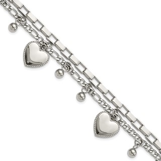 Chisel Stainless Steel Polished Hearts and Beads 7 inch Multi Chain Bracelet with 2 inch Extension