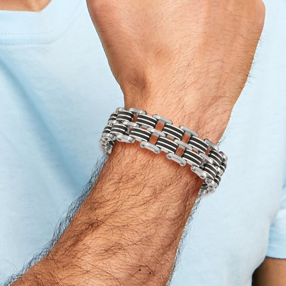 Chisel Stainless Steel Brushed and Polished with Black Rubber Inlay 8.25 inch Link Bracelet