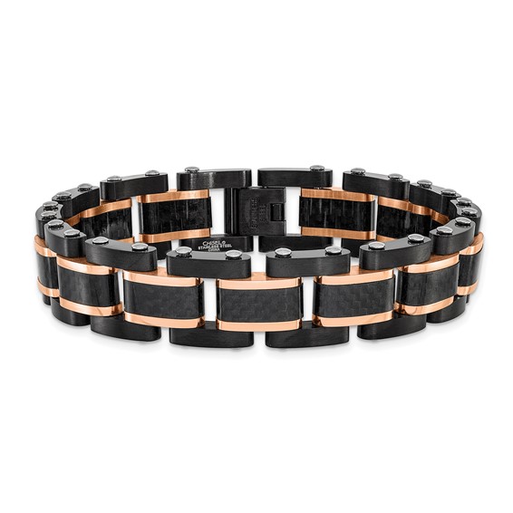 Chisel Stainless Steel Brushed and Polished Black and Rose IP-plated with Black Carbon Fiber Inlay 8.5 inch Link Bracelet