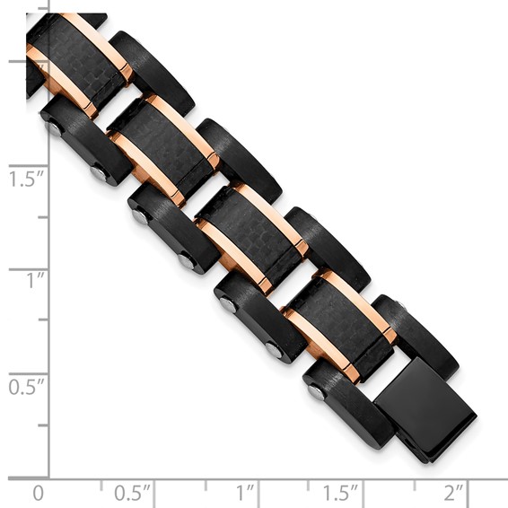 Chisel Stainless Steel Brushed and Polished Black and Rose IP-plated with Black Carbon Fiber Inlay 8.5 inch Link Bracelet