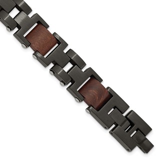 Chisel Stainless Steel Brushed Black IP-plated with Wood Inlay 8 inch Link Bracelet with .5 inch Extension