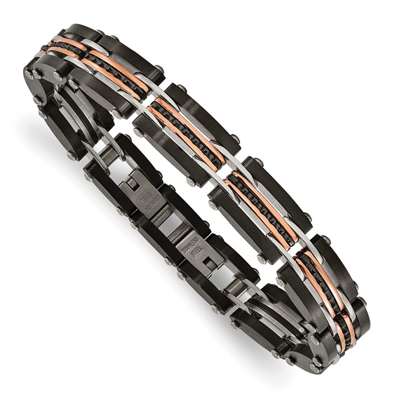 Chisel Stainless Steel Brushed and Polished Black and Rose IP-plated Reversible 7.5 inch Bracelet with .5 inch Extension