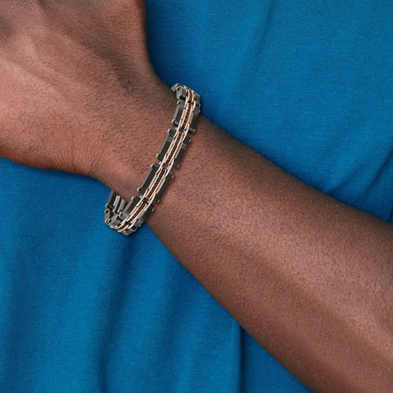 Chisel Stainless Steel Brushed and Polished Black and Rose IP-plated Reversible 7.5 inch Bracelet with .5 inch Extension