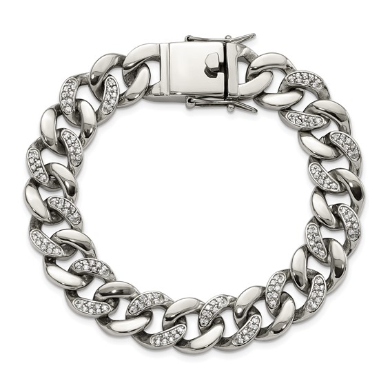 Chisel Stainless Steel Polished with CZ 8 inch Curb Link Bracelet