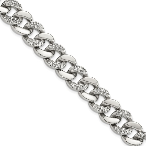 Chisel Stainless Steel Polished with CZ 8 inch Curb Link Bracelet
