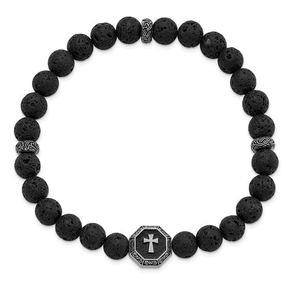Chisel Stainless Steel Antiqued and BrushedCross 8.5mm Lava Stone Beaded Stretch Bracelet