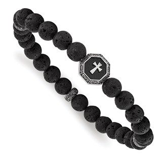 Chisel Stainless Steel Antiqued and BrushedCross 8.5mm Lava Stone Beaded Stretch Bracelet