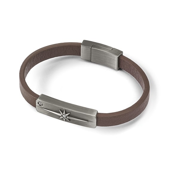 Chisel Stainless Steel Antiqued Bronze-plated with CZ Starburst Brown Leather 8 inch Bracelet