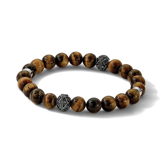 Chisel Stainless Steel Antiqued and Polished 10mm Tiger's Eye Stretch Bracelet
