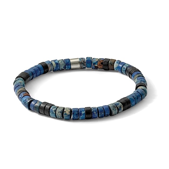 Chisel Stainless Steel Brushed Blue Sediment and Black Agate Beaded Stretch Bracelet