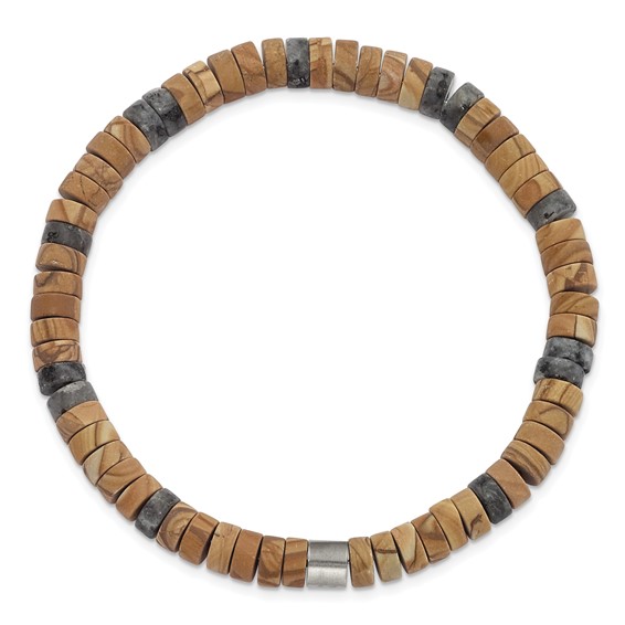 Chisel Stainless Steel Grain Stone and Black Spectrolite Beaded Stretch Bracelet