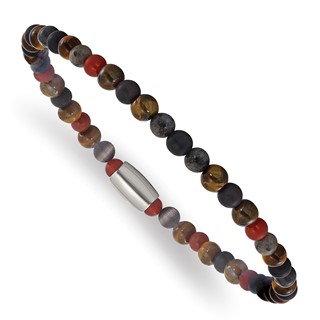 "Chisel Stainless Steel Polished 5mm Spectrolite, Agate and Tiger's Eye Beaded Stretch Bracelet"