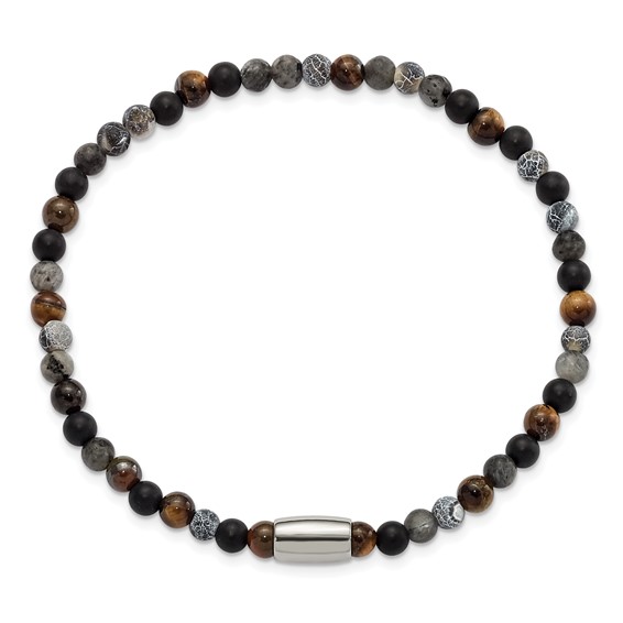 "Chisel Stainless Steel Polished 5mm Spectrolite, Agate, Tiger's Eye and Blue Stone Beaded Stretch Bracelet "