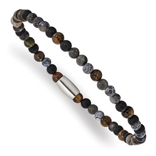 "Chisel Stainless Steel Polished 5mm Spectrolite, Agate, Tiger's Eye and Blue Stone Beaded Stretch Bracelet "