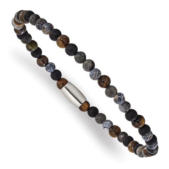 "Chisel Stainless Steel Polished 5mm Spectrolite, Agate, Tiger's Eye and Blue Stone Beaded Stretch Bracelet "