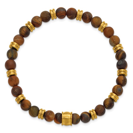 Chisel Stainless Steel Brushed Yellow IP-plated 6.5mm Tiger's Eye Beaded Stretch Bracelet