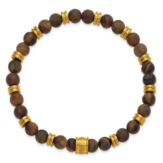 Chisel Stainless Steel Brushed Yellow IP-plated 6.5mm Tiger's Eye Beaded Stretch Bracelet