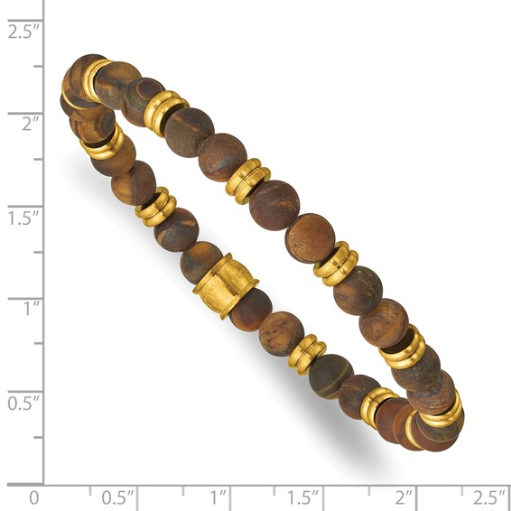 Chisel Stainless Steel Brushed Yellow IP-plated 6.5mm Tiger's Eye Beaded Stretch Bracelet