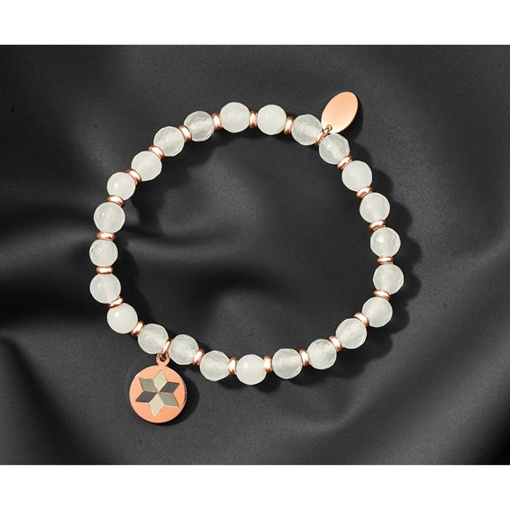 Chisel Stainless Steel Polished Rose IP-plated Enameled Flower Charm 6mm Jade Beaded Stretch Bracelet