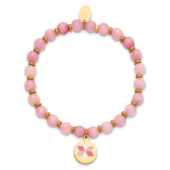Chisel Stainless Steel Polished Rose IP-plated Enameled Flower Charm 6mm Pink Agate Beaded Stretch Bracelet