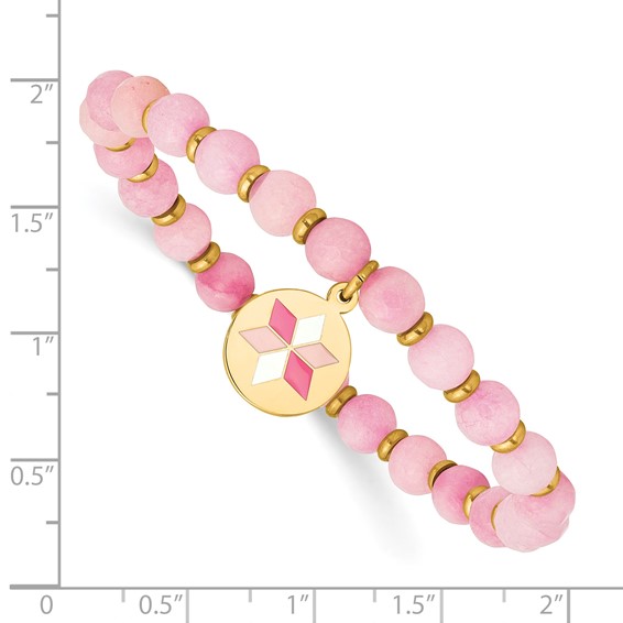 Chisel Stainless Steel Polished Rose IP-plated Enameled Flower Charm 6mm Pink Agate Beaded Stretch Bracelet