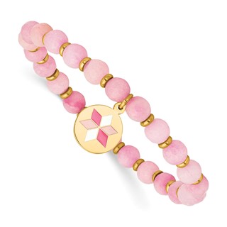 Chisel Stainless Steel Polished Rose IP-plated Enameled Flower Charm 6mm Pink Agate Beaded Stretch Bracelet