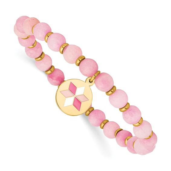 Chisel Stainless Steel Polished Rose IP-plated Enameled Flower Charm 6mm Pink Agate Beaded Stretch Bracelet