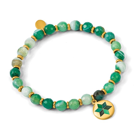 Chisel Stainless Steel Polished Yellow IP-plated Enameled Flower Charm 6mm Green Agate Beaded Stretch Bracelet