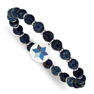 Chisel Stainless Steel Polished Enameled Flower Charm 6mm Blue Jade Beaded Stretch Bracelet