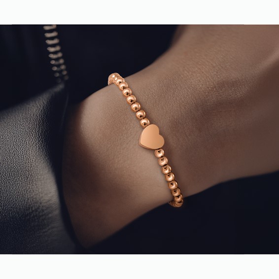 Chisel Stainless Steel Polished Rose IP-plated Heart 4mm Beaded Stretch Bracelet