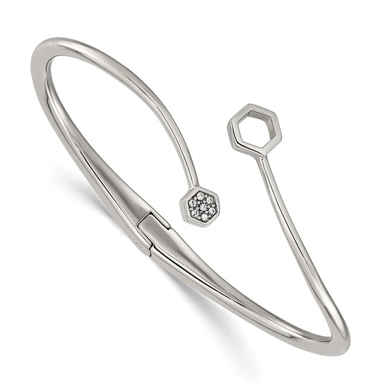 Chisel Stainless Steel Polished with Crystals 6.75 inch Hinged Cuff Bangle