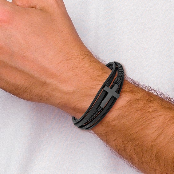 Chisel Stainless Steel Polished Black IP-plated Cross Black Polyurethane and Leather Multi Strand 8.75 inch Bracelet