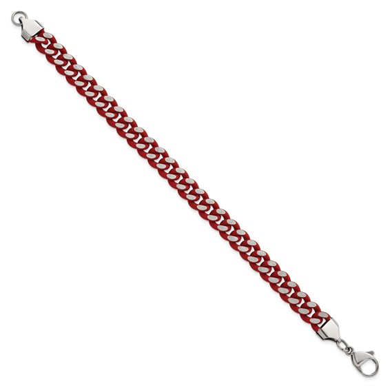 Chisel Stainless Steel Polished with Red Enamel and Rubber Coating 9mm 8.5 inch Curb Chain Bracelet